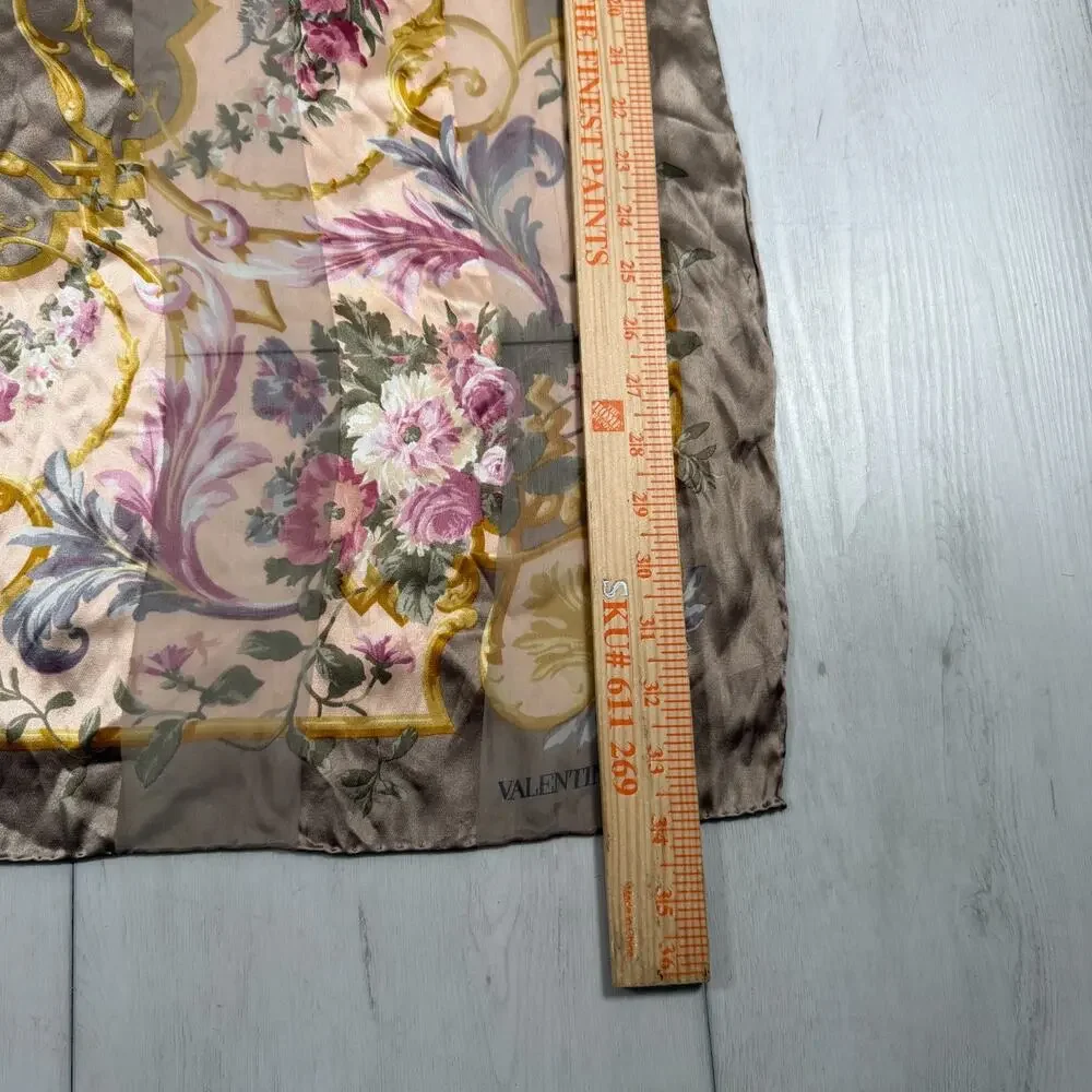 VALENTINO Brown Golden Striped Silk w/ logo Floral Print Vintage Scarf 33x34